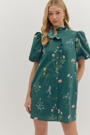 Floral Bubble Sleeve Dress w/ Ruffle Trim