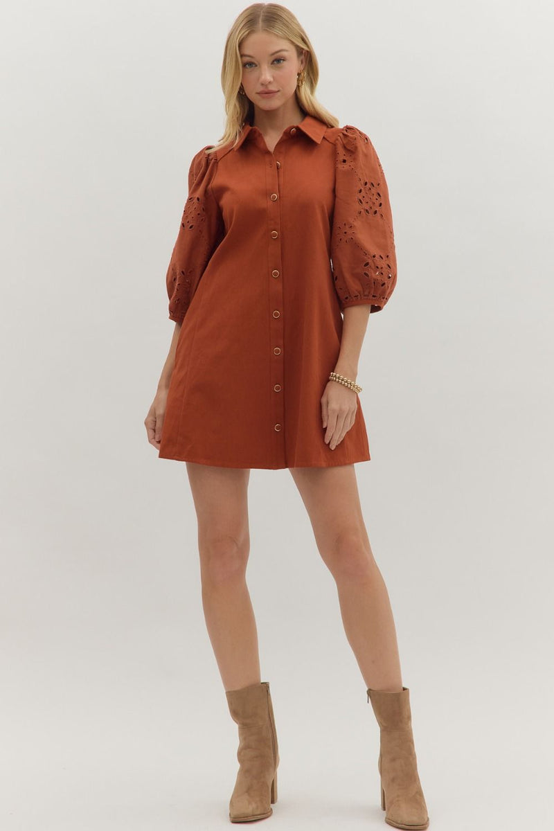 Eyelet 3/4 Sleeve Mini Dress