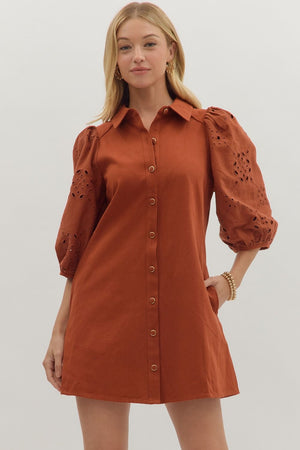 Eyelet 3/4 Sleeve Mini Dress