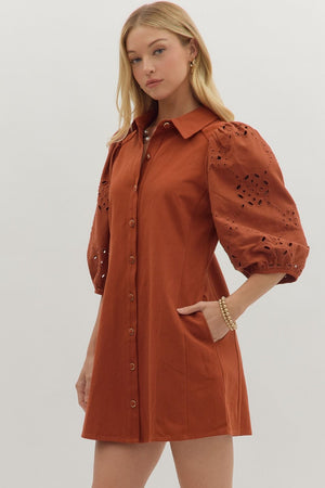 Eyelet 3/4 Sleeve Mini Dress