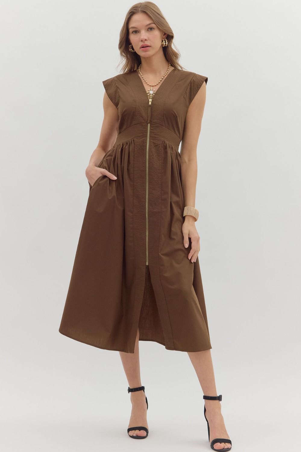 Lia Zip Front Cap Sleeve Midi