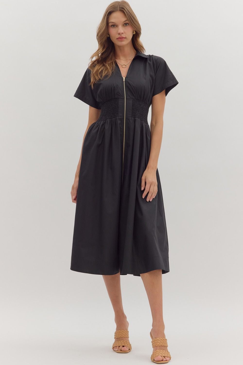Short Sleeve Zip up Smocked Waist Midi