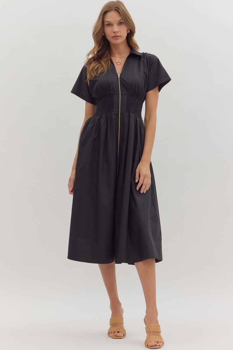 Short Sleeve Zip up Smocked Waist Midi