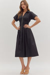Short Sleeve Zip up Smocked Waist Midi