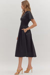 Short Sleeve Zip up Smocked Waist Midi