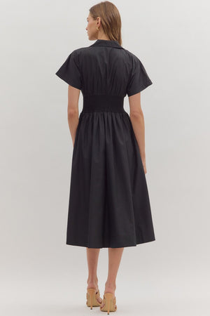 Short Sleeve Zip up Smocked Waist Midi