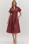Short Sleeve Zip up Smocked Waist Midi