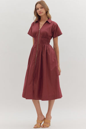 Short Sleeve Zip up Smocked Waist Midi