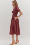 Short Sleeve Zip up Smocked Waist Midi