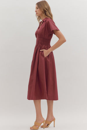 Short Sleeve Zip up Smocked Waist Midi