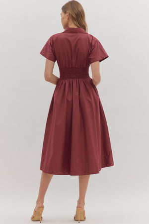 Short Sleeve Zip up Smocked Waist Midi