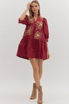 Burgundy Floral Embroidered Mini Dress
