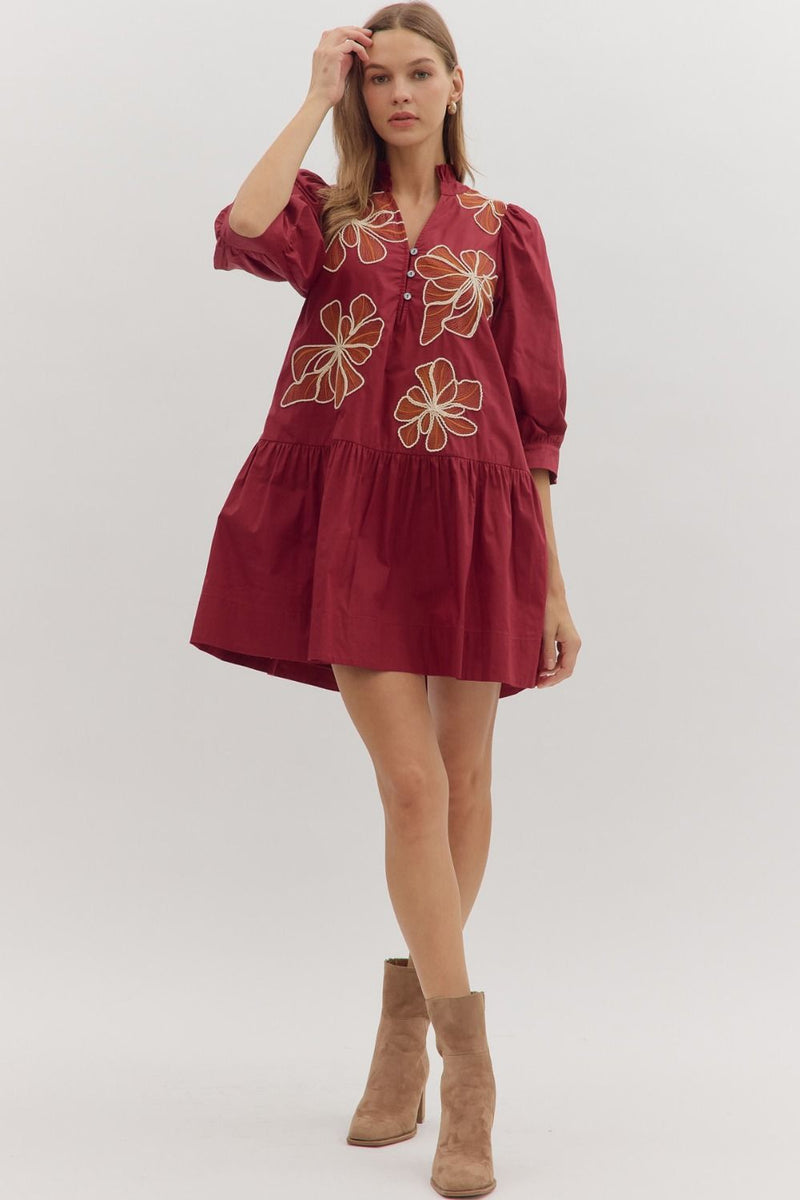 Burgundy Floral Embroidered Mini Dress