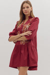 Burgundy Floral Embroidered Mini Dress