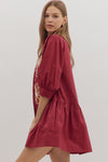 Burgundy Floral Embroidered Mini Dress