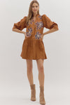 Caramel Floral Embroidered Mini Dress