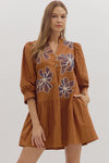 Caramel Floral Embroidered Mini Dress