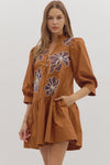 Caramel Floral Embroidered Mini Dress