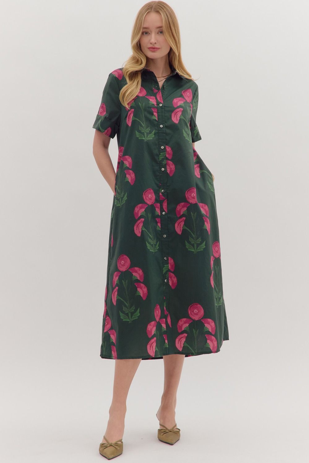 Button Front Floral Midi