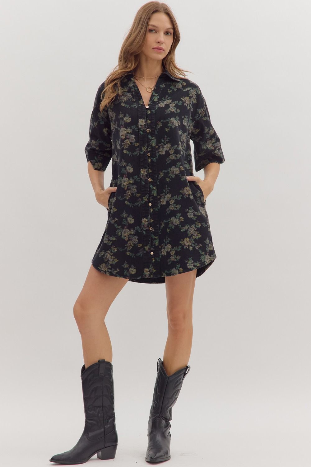 Fall Floral Button Front Denim Dress