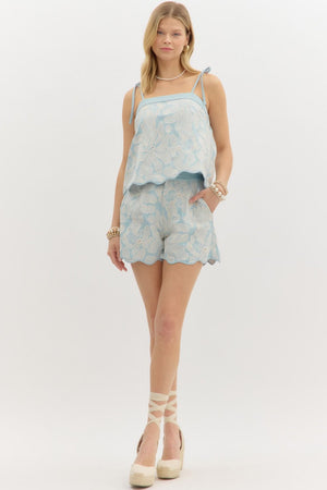 Blue skies floral embroidered shorts SET