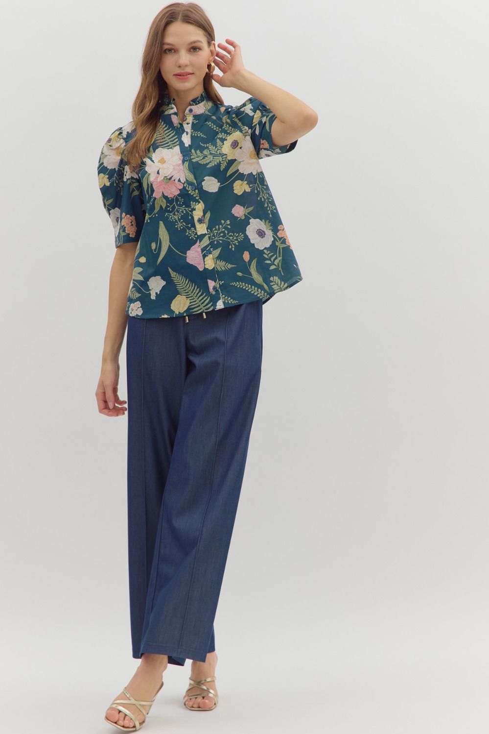 Teal Floral Button Down Blouse