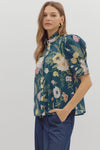 Teal Floral Button Down Blouse