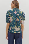 Teal Floral Button Down Blouse
