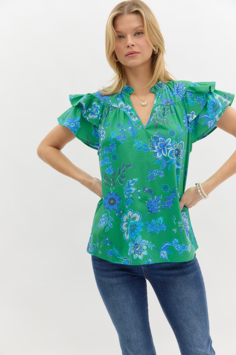 Green Floral Flutter Sleeve Blouse