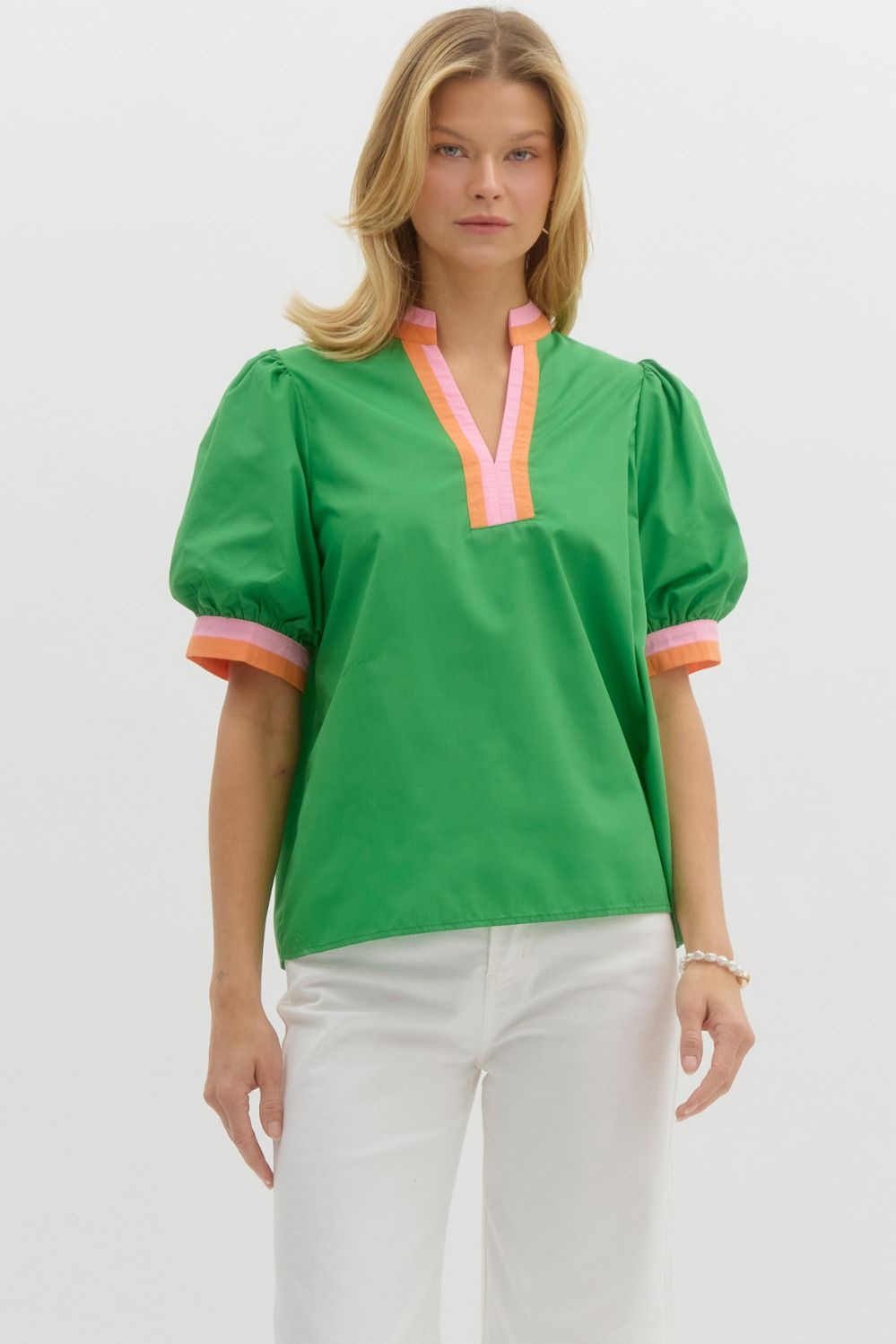 Puff sleeve blouse w/ stripe detail