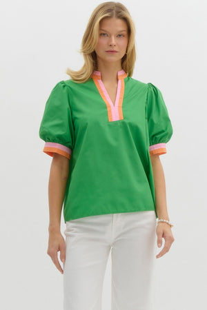 Puff sleeve blouse w/ stripe detail