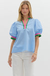 Puff sleeve blouse w/ stripe detail