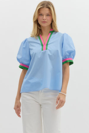 Puff sleeve blouse w/ stripe detail