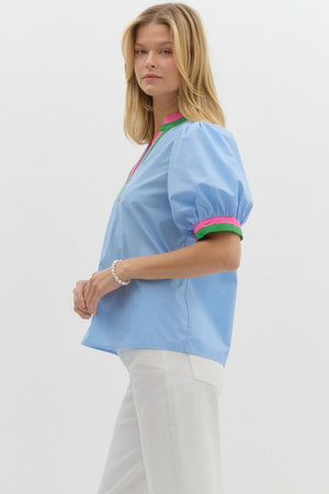 Puff sleeve blouse w/ stripe detail