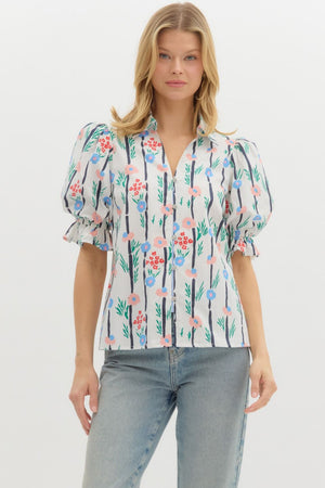 Button Front Floral Blouse