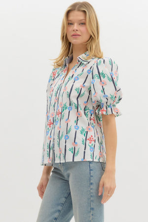 Button Front Floral Blouse