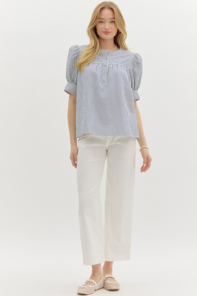 Navy Button Front Stripe Blouse