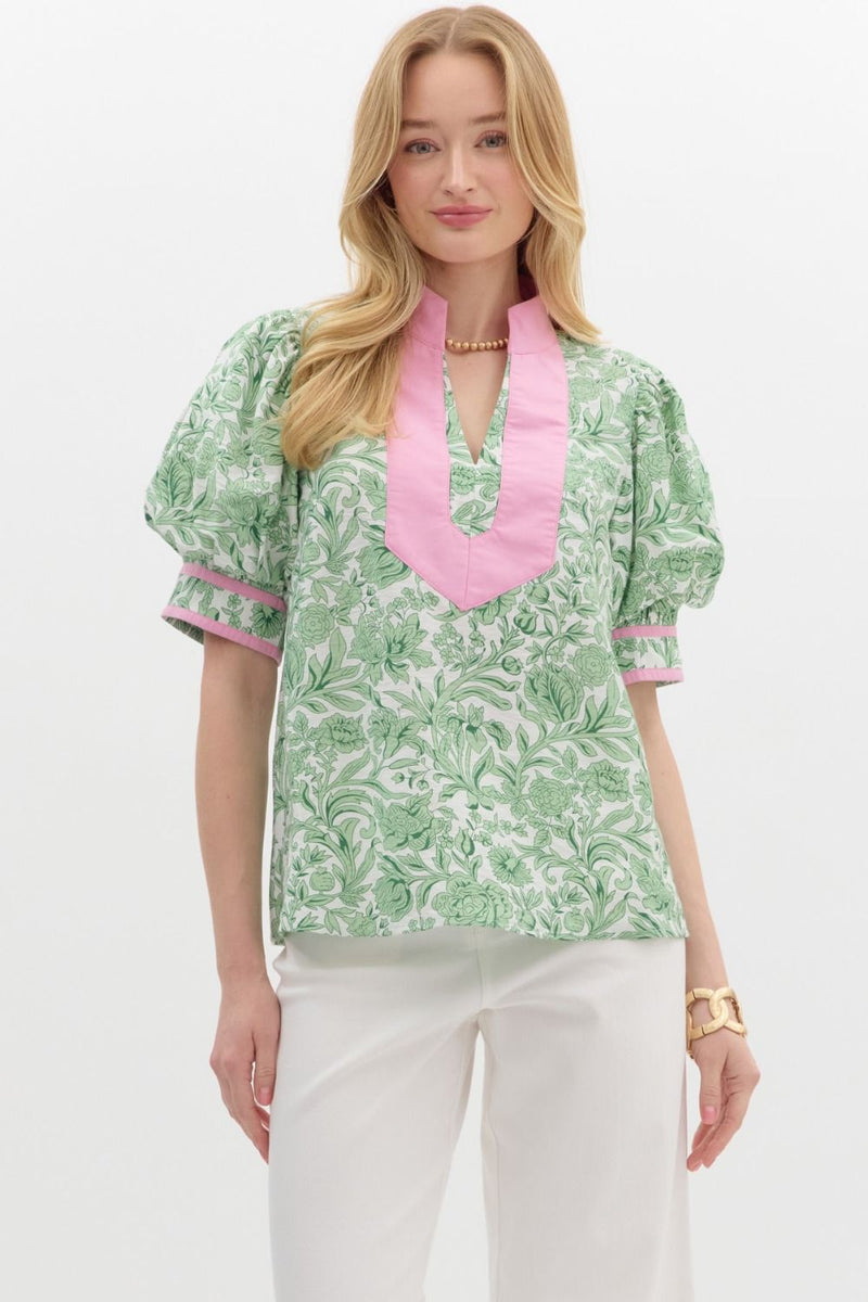 Green floral top w/ pink colorblock