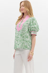Green floral top w/ pink colorblock