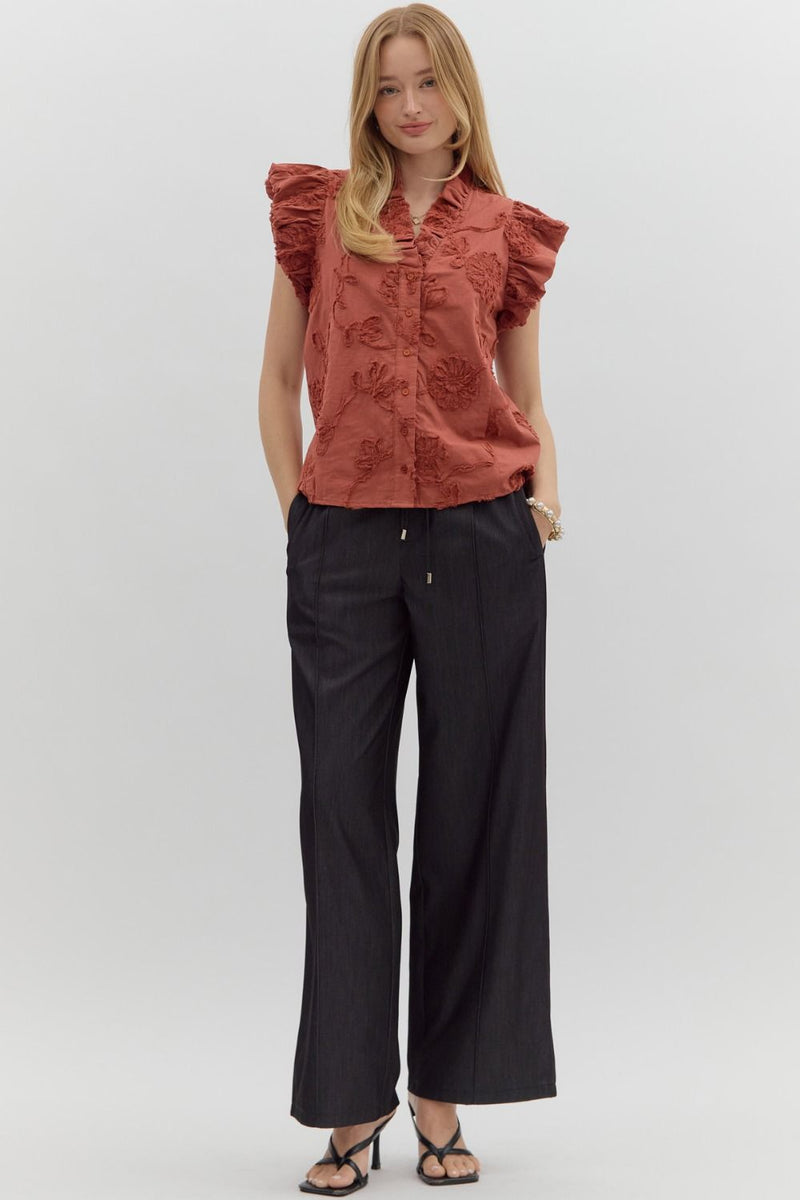 Floral Applique Flutter Sleeve Blouse