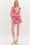 Red Tropical Floral Flutter Sleeve Blouse