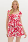 Red Tropical Floral Flutter Sleeve Blouse