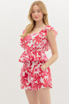 Red Tropical Floral Flutter Sleeve Blouse