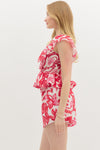 Red Tropical Floral Flutter Sleeve Blouse
