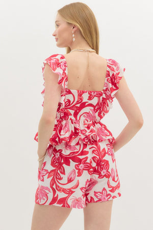 Red Tropical Floral Flutter Sleeve Blouse