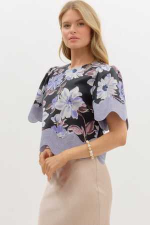Floral Blouse Scallop Trim Detail Black Combo