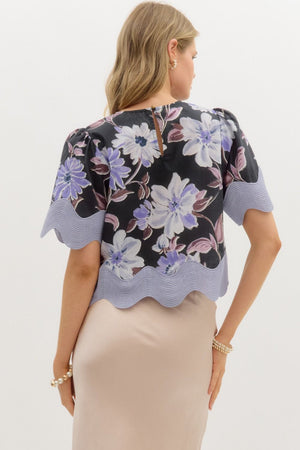 Floral Blouse Scallop Trim Detail Black Combo