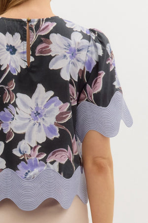 Floral Blouse Scallop Trim Detail Black Combo