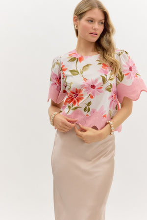 Floral Blouse Scallop Trim Detail