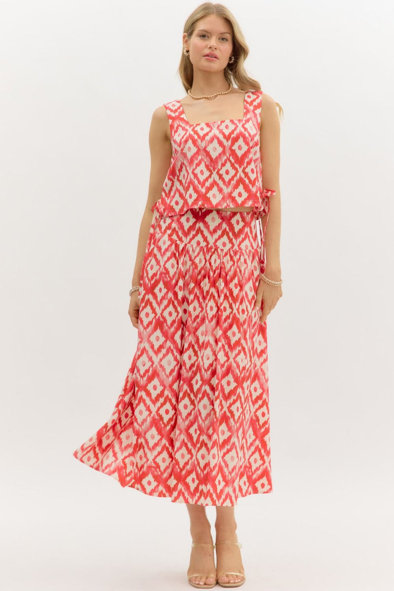 Red Ikat Pattern Midi Skirt SET